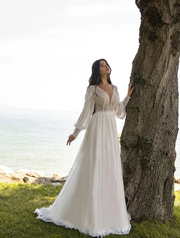 Discover Now Boho A-line Wedding Dresses For Women Chiffon Puffy Sleeve vestido de novia Elegant Lace Bridal Dress Custom Made