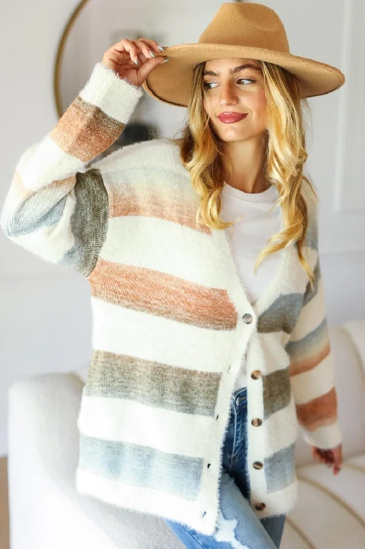 Laid-Back Elegance Full Size Button Down Stripe Soft Fuzzy Sweater Cardigan