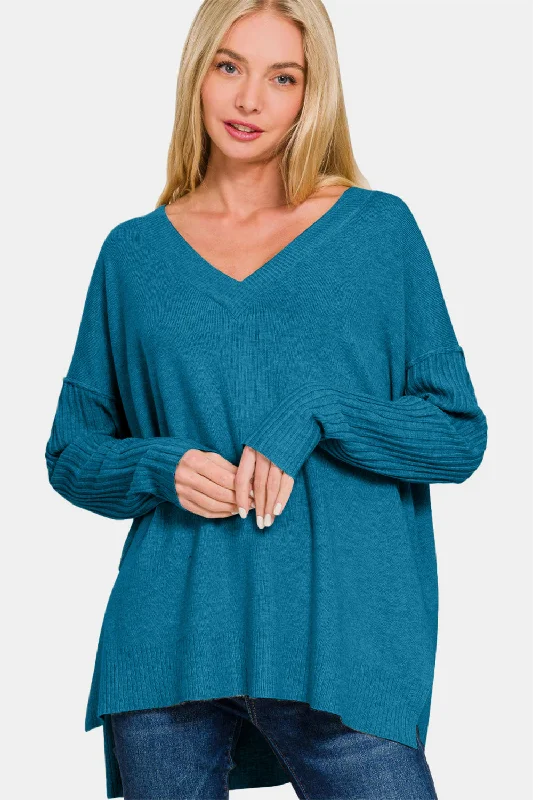 Everyday Women's Fashion Trends V-Neck Side Slit High-Low Sweater