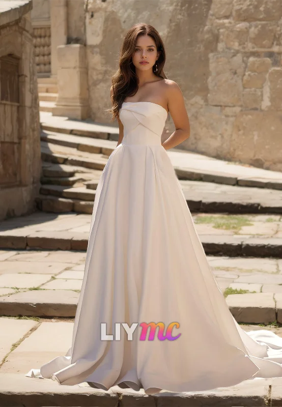 Casual Fashion Trends for Women Straight Across Sleeveless Pleated Sleek Satin A-Line Wedding Dress