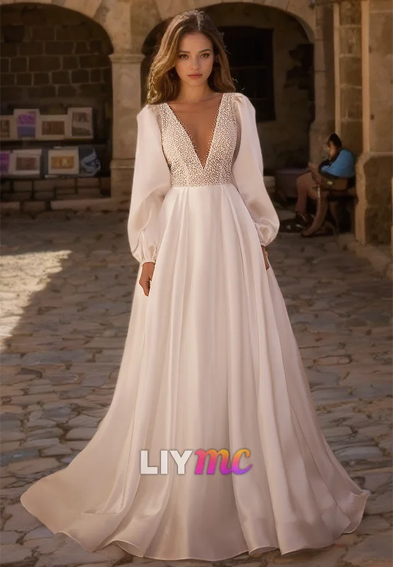 Sophisticated Style V-Neck Long Sleeves Pleated A-Line Simple Wedding Dress