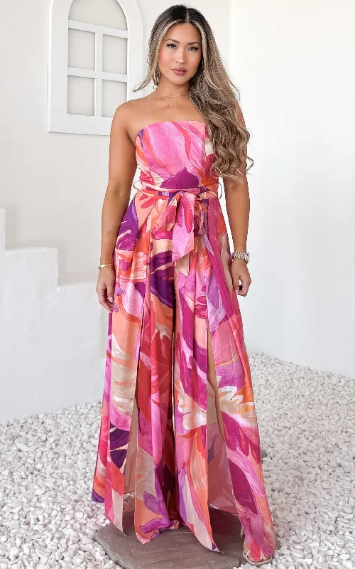 Modern Women's Fashion with Vintage Touches Lagoon Jumpsuit - Pink Abstract Print