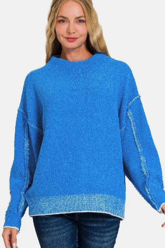 Elegant Women's Fashion Exposed Seam Mock Neck Long Sleeve Sweater