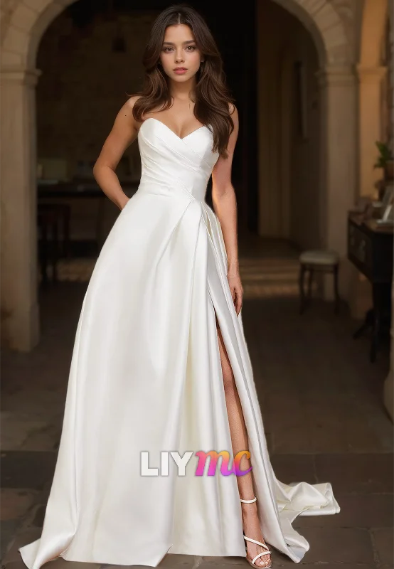 Special Offer For You V-Neck Sleeveless Ruched Pleated Sleek Satin A-Line Wedding Dress