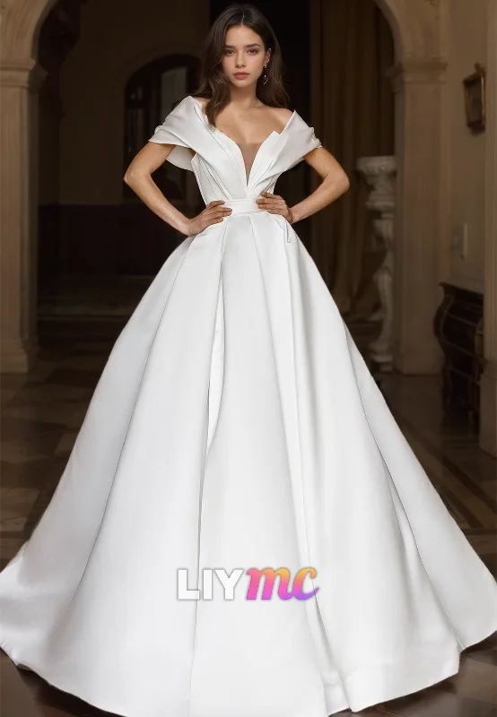 Style Beyond Borders V-Neck Strapless Sleek Satin Pleated A-Line Classic Wedding Dress