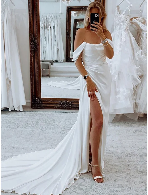 The Epitome Of Modern Women's Fashion Reception Formal Wedding Dresses Sheath / Column Off Shoulder Sleeveless Court Train Stretch Fabric Bridal Suits Bridal Gowns With Pleats Ruched