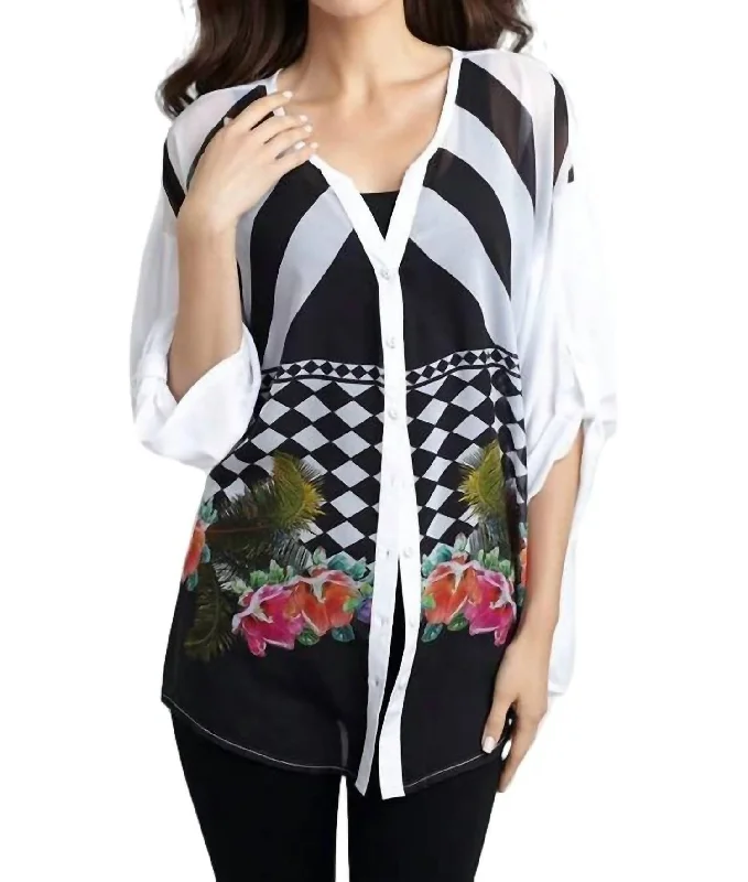 Winter Wardrobe Clearance Checkerboard Floral Cardigan In White Multi