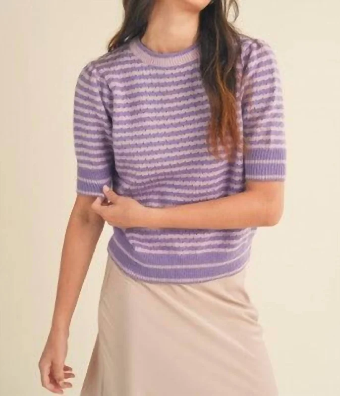 Sophisticated Style Striped Pointelle Puff Sleeve Sweater In Pink & Lavender