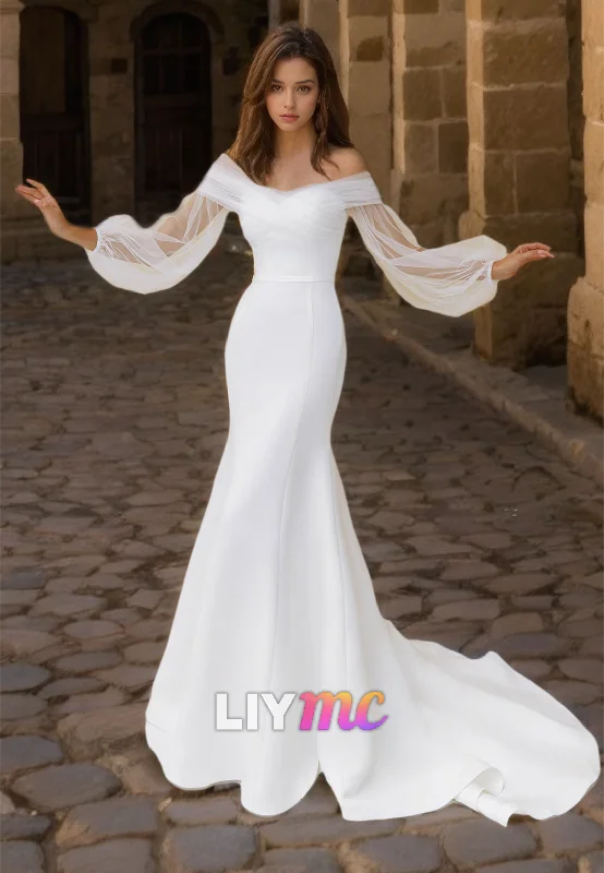 Casual Chic for Women Off-Shoulder Long Sleeves Strapless Sleek Mermaid Wedding Dress