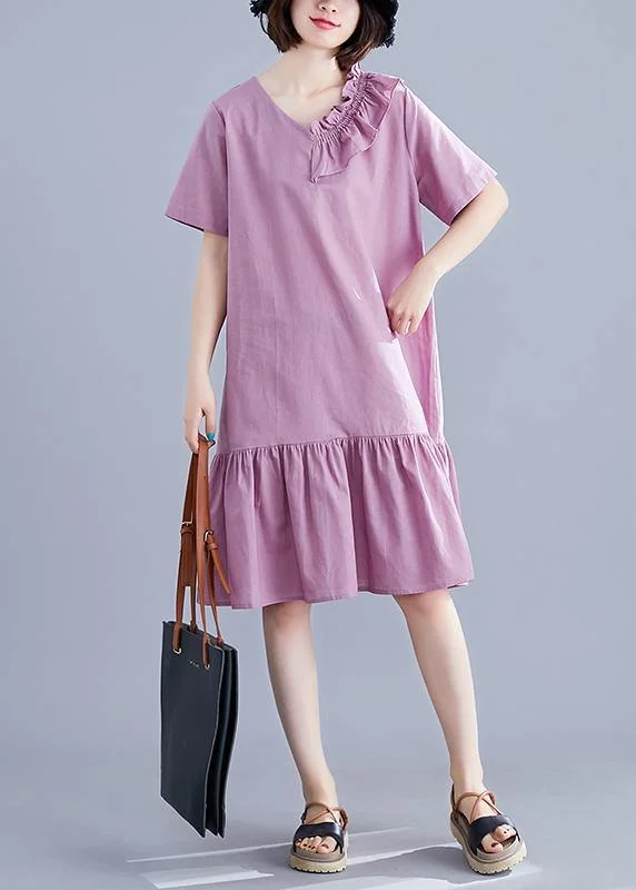 Contemporary Women's Clothing Chic v neck Ruffles linen Long Shirts Outfits purple Dresses summer