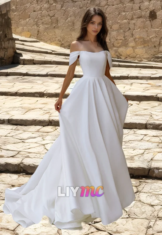 Trendy New Clothes Off-Shoulder Sleeveless Pleated A-Line Wedding Dress