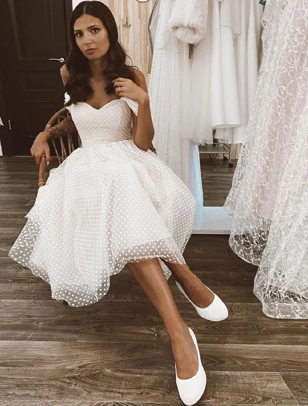 Relaxed Style Bridal Shower Little White Dresses Wedding Dresses Knee Length A-Line Sleeveless Off Shoulder Tulle With Solid Color