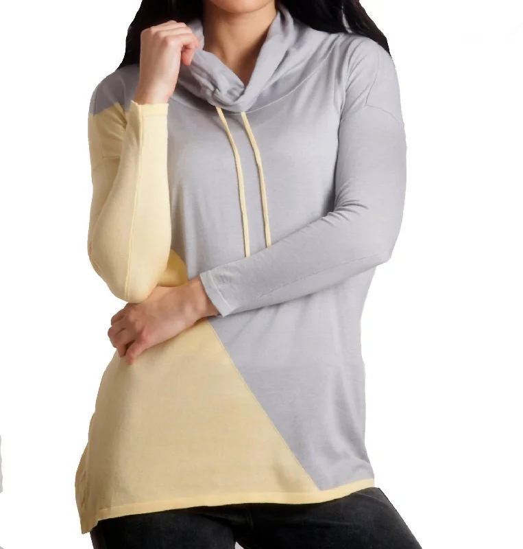 Trendy Boutique Online 2-Tone Draw String Cowl Neck Pullover In Yellow/gray