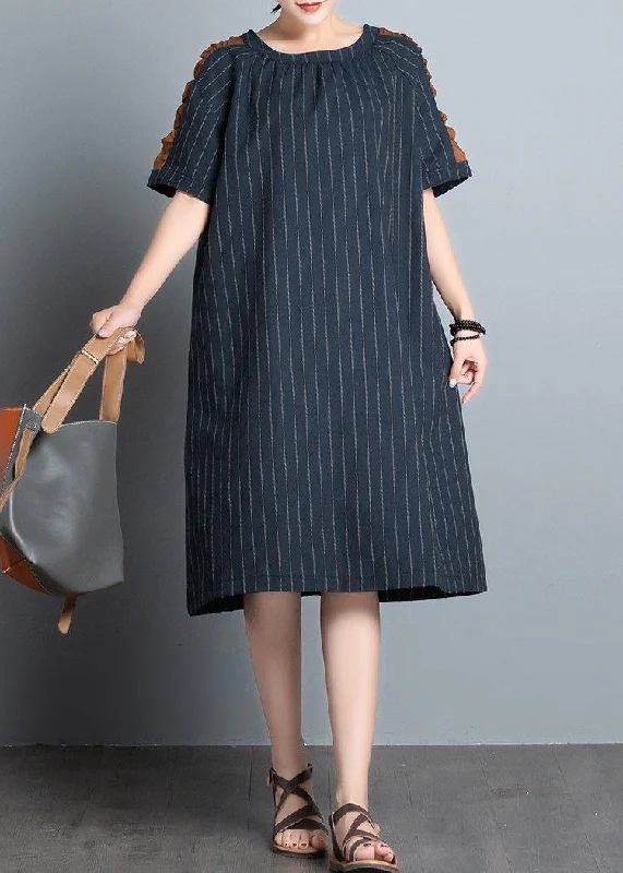 Women's Evening Wear Elegant o neck patchwork cotton quilting clothes Shape black striped Dress summer