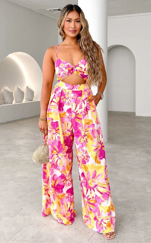 High-Quality Women's Fashion Dresses Waiting For You Wide Leg Jumpsuit - Pink Yellow Floral