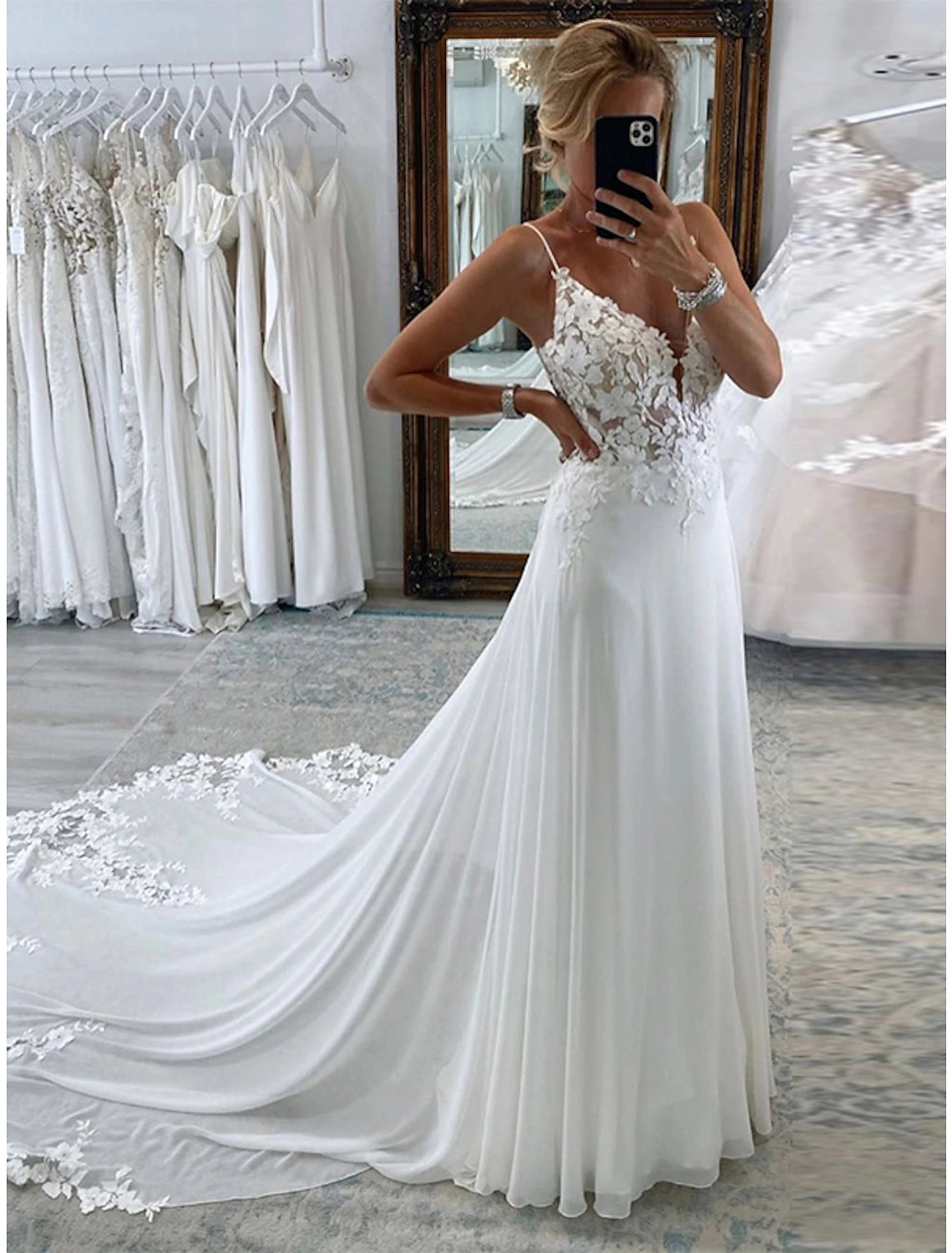 Elegant Attire For The Modern Lady Reception Formal Wedding Dresses A-Line Camisole Sleeveless Court Train Chiffon Bridal Suits Bridal Gowns With Appliques