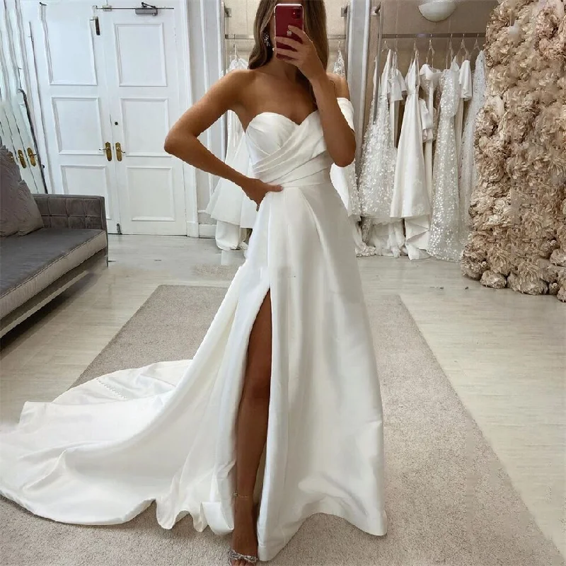 Flash Discount Luxury Solid Wedding Dresses One Shoulder Side Slit Satin A-Line Evening Prom Dress Shiny Off Shoulder Pleated Bride Gowns