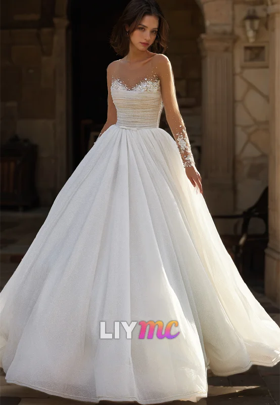 Cutting Edge Fashion Sweetheart Sheer Long Sleeves Appliqus Pleated Ball Gown Wedding Dress