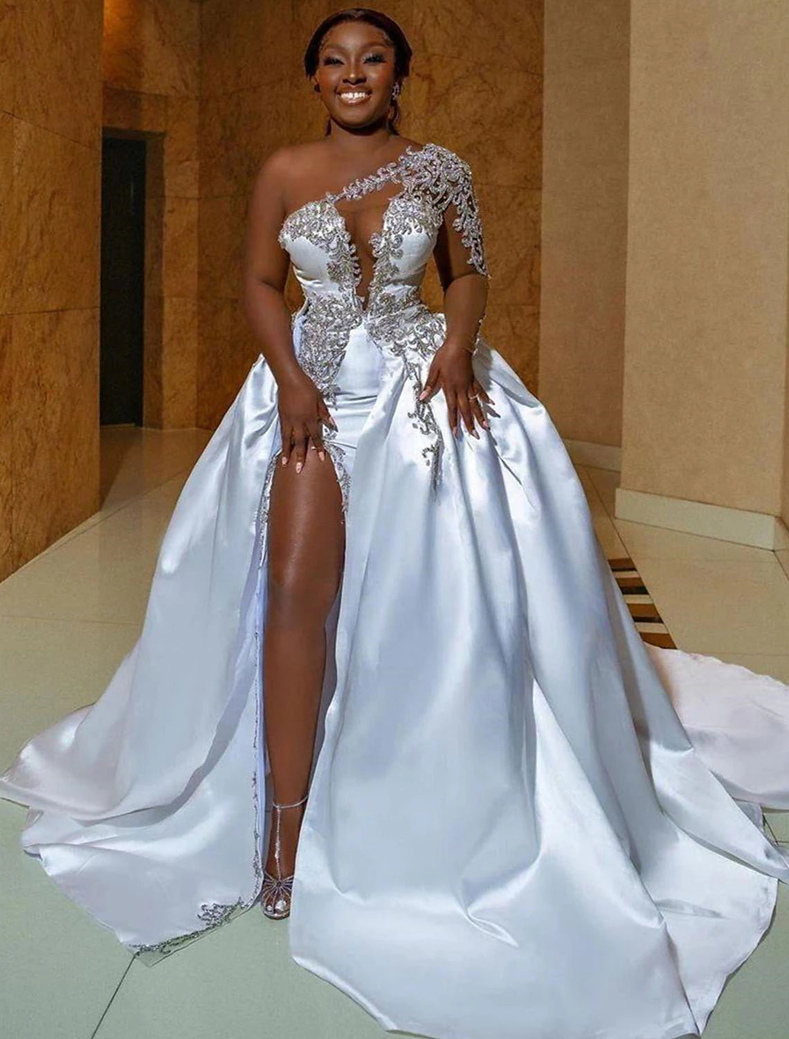 Stylish Savings Formal Wedding Dresses Ball Gown One Shoulder Regular Straps Court Train Satin Bridal Gowns With Beading Split Front