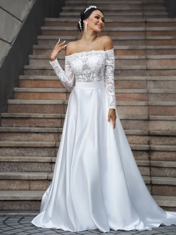 Comfort First Women's Wear A-Line/Princess Satin Lace Off-the-Shoulder Long Sleeves Sweep/Brush Train Wedding Dresses