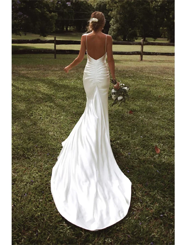 High Street Women's Fashion for Trendy Shoppers Hall Casual Wedding Dresses Court Train Mermaid / Trumpet Sleeveless Spaghetti Strap Jewel Neck Satin With Ruched Split Front