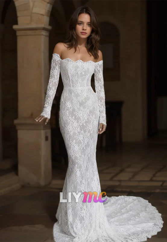 Wardrobe Refresh Off-Shoulder Long Sleeves Lace Appliques Mermaid Wedding Dress