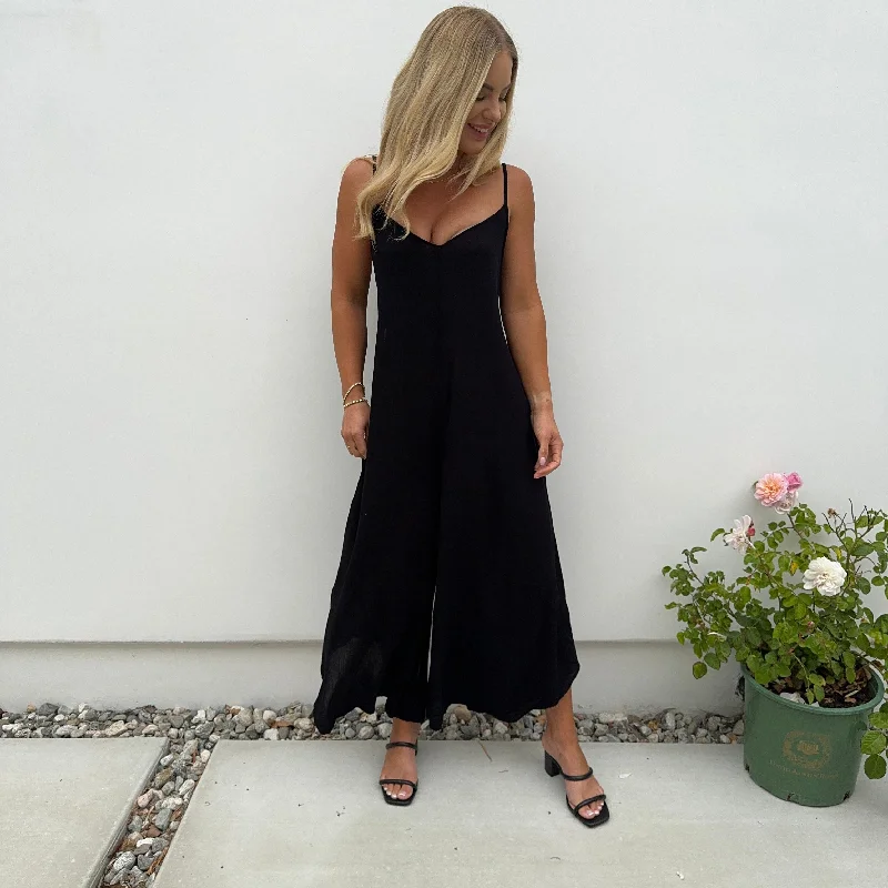 Special Occasion Wear Lazy Days Jersey Wide Leg Black Jumpsuit