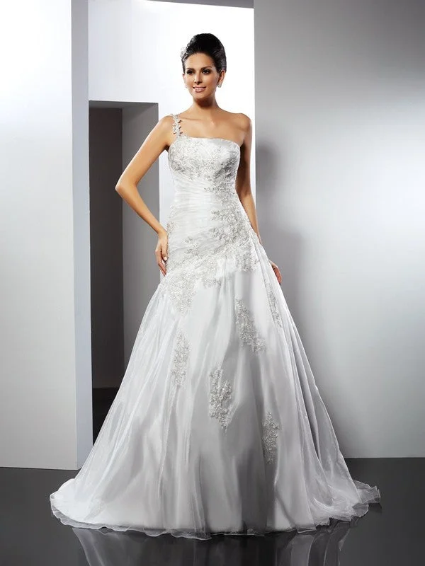 Stylish Savings A-Line/Princess One-Shoulder Applique Sleeveless Long Satin Wedding Dresses