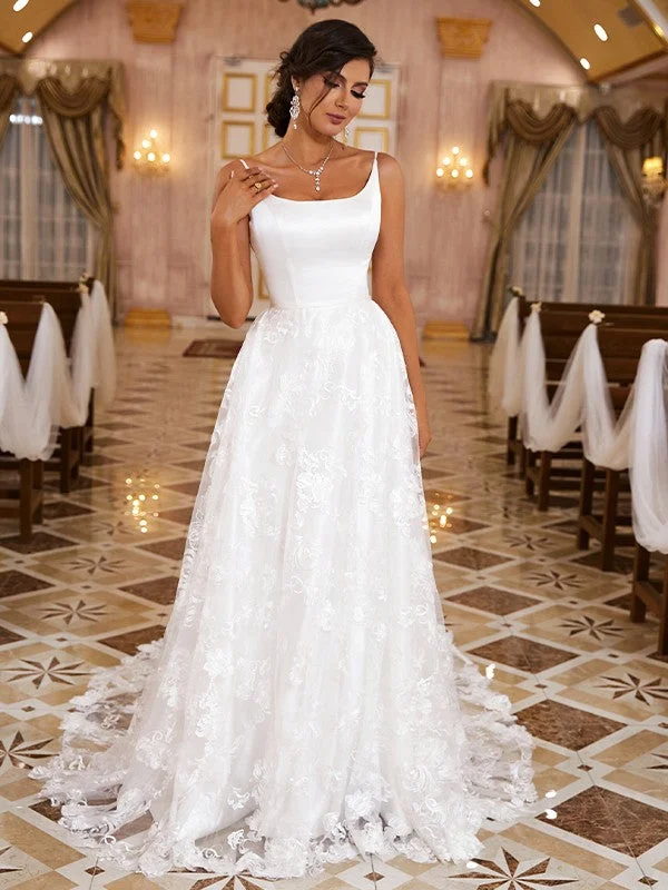 Limited Styles A-Line/Princess Lace Applique Spaghetti Straps Sleeveless Cathedral Train Wedding Dresses