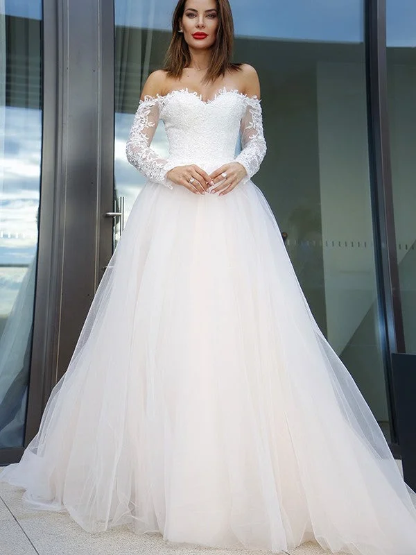 Bold Prints Casual Chic A-Line/Princess Long Sleeves Tulle Applique Off-the-Shoulder Court Train Wedding Dresses