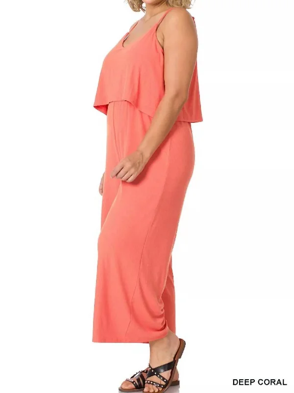 Luxury Women's Clothing Ribbed Double Layer Jumpsuit In Deep Coral