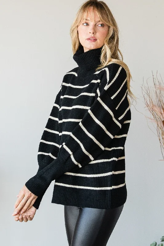 Women's Seasonal Fashion Trends Heavy Knit Striped Turtle Neck Knit Sweater