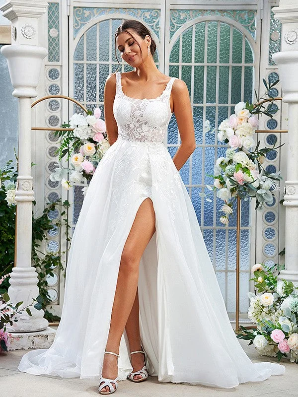 Quality Wear A-Line/Princess Organza Lace Straps Sleeveless Sweep/Brush Train Wedding Dresses