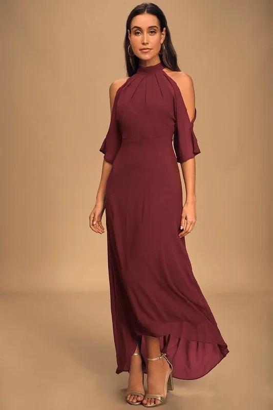 Sales For Clothes Loving Moment Burgundy Cold-Shoulder Cutout Halter Maxi Dress