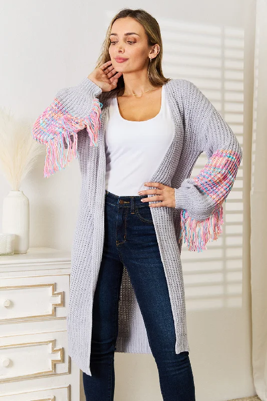 Day To Night Styles Fringe Sleeve Dropped Shoulder Cardigan