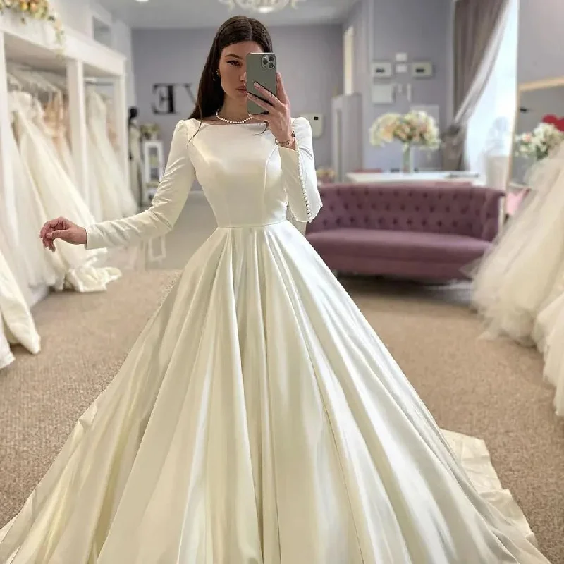 Unbeatable Prices Princess Wedding Dresses A Line Boat Neck Bridal Gowns Long Sleeve Elegant Satin Wedding Party Gowns With Romantic Buttons