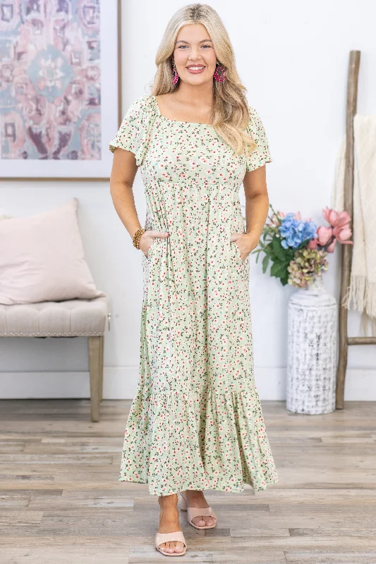 Style Upgrade Sage Square Neck Floral Maxi Dress