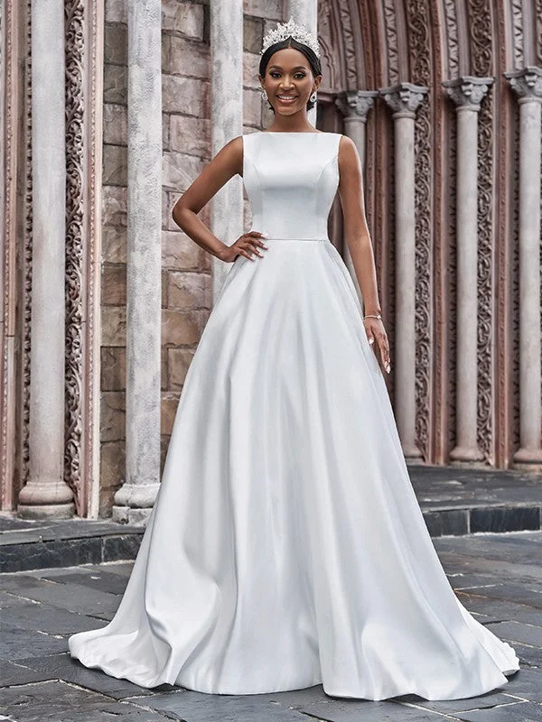 Fashion Essentials A-Line/Princess Satin Bateau Ruffles Sleeveless Sweep/Brush Train Wedding Dresses