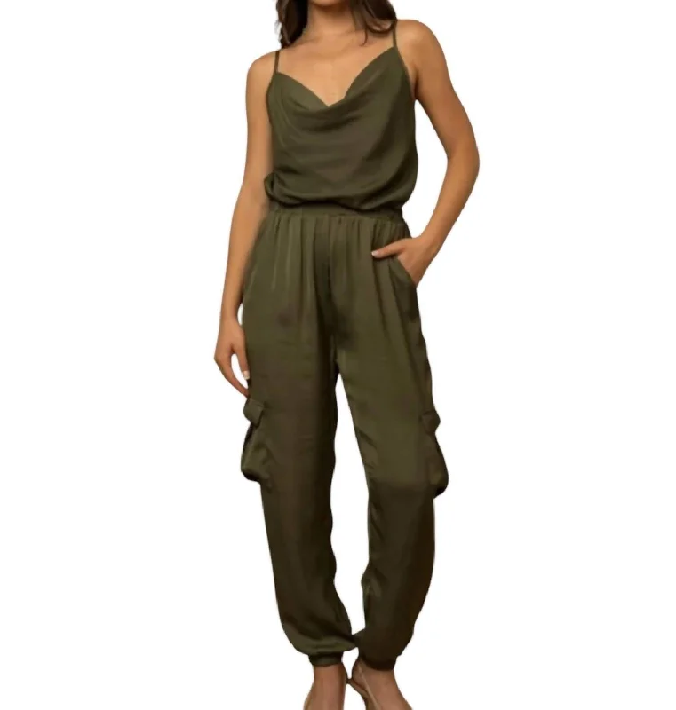 Online Boutiques Affordable Shoulder Strap Cargo Jumpsuit In Olive