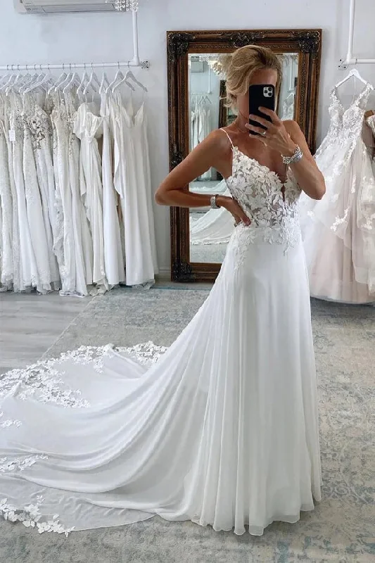 End of Season Sale Lace Boho Wedding Dresses V Neck Spaghetti Straps A Line Bride Dresses Floor Length Chiffon Wedding Gowns