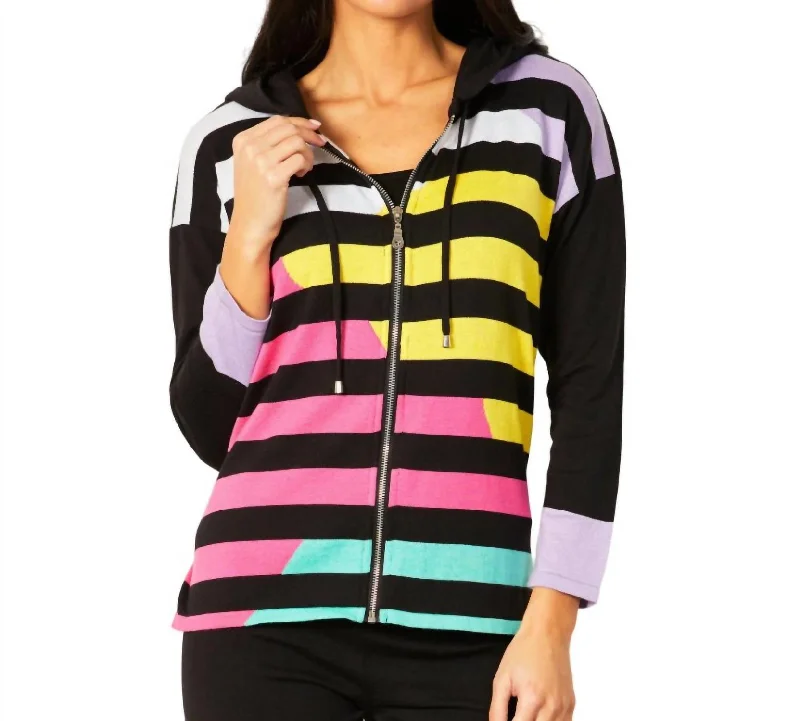 Women's Evening Wear Multi Stripe Zip Up Hoodie In Black