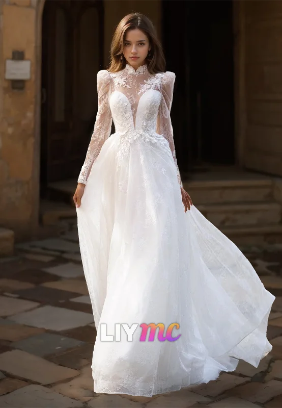 Flash Sales Today High Neck Long Sleeves Lace Appliques Tulle Ball Gown Wedding Dress