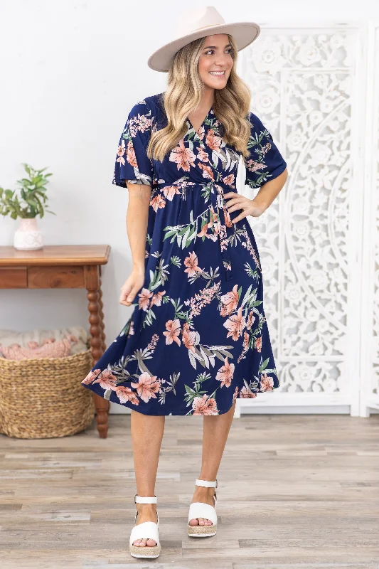 Chic Women's Outfit Ideas Navy Floral Faux Wrapped Midi Dress