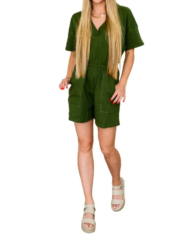 Elegant Women's Fashion Short Sleeve V-Neck Romper In Army Green