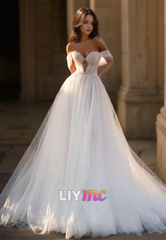 Women's Fashion Hotspots Sweetheart Sleeveless Tulle Pearl Beaded Ball Gown A-Line Wedding Dress