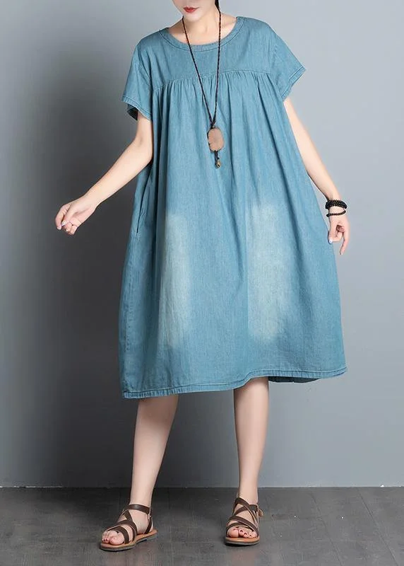 Women's Casual Dresses DIY o neck pockets Cotton short Sleeve denim blue Dress summer