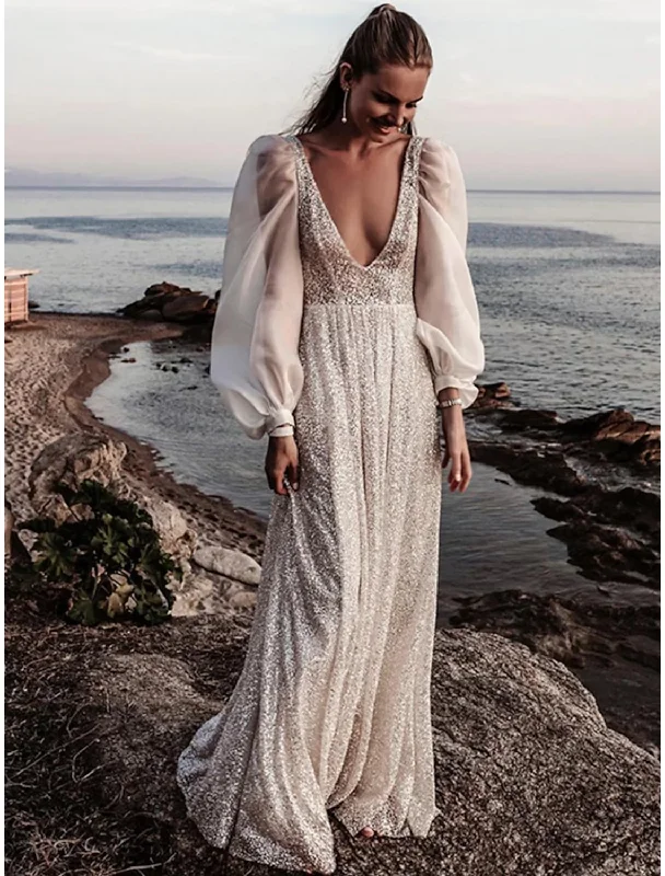 Seasonal Women's Fashion Trends Beach Open Back Boho Wedding Dresses Sweep / Brush Train Sheath / Column Long Sleeve V Neck Sequined With Pleats