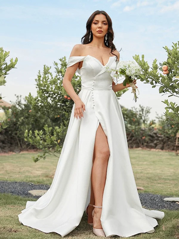 Must-Have Styles A-Line/Princess Satin Ruched Off-the-Shoulder Sleeveless Sweep/Brush Train Wedding Dresses