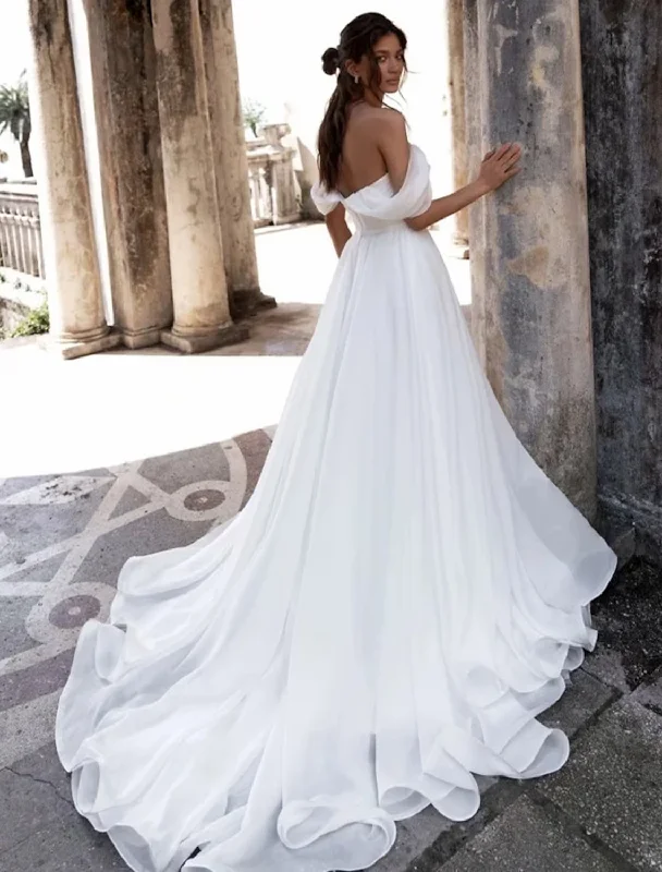 Clothing Sales Beach Casual Wedding Dresses Chapel Train A-Line Sleeveless Off Shoulder Chiffon With Ruched Split Front