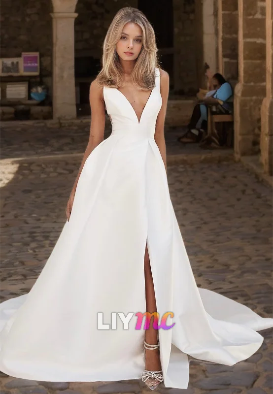 Discount Store V-Neck Sleeveless Sleek Pleated Satin A-Line Wedding Dress